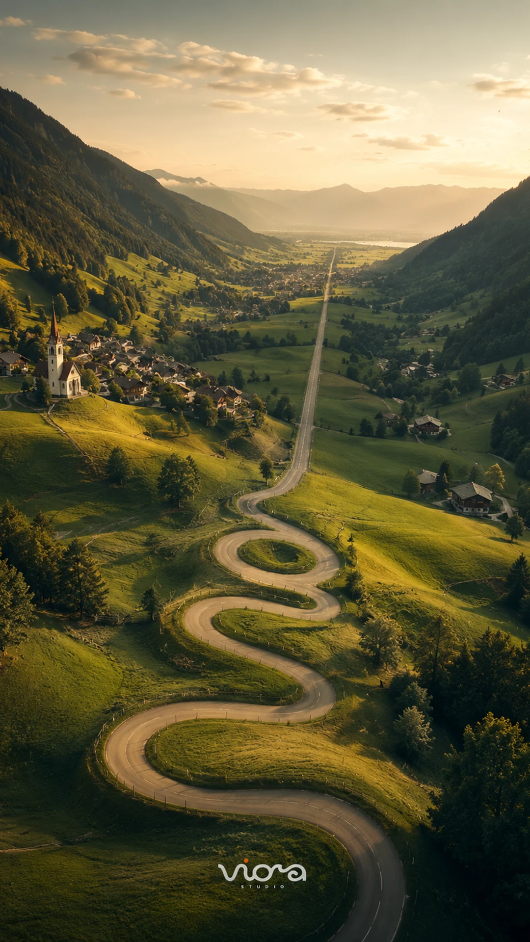 Aerial view of a winding valley road at golden hour, leading toward a village